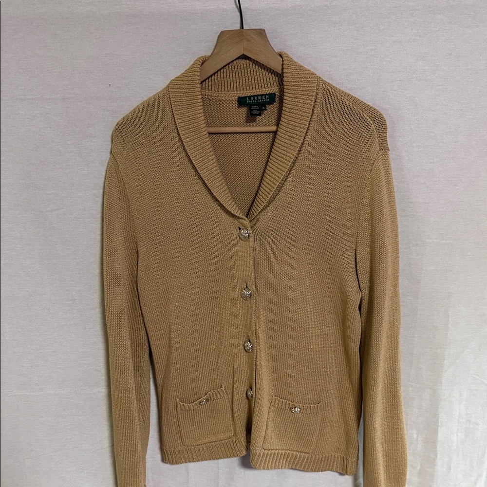 Lauren Ralph Lauren Women's Vintage Tan Cardigan Mercerized Cotton Shawl Collar